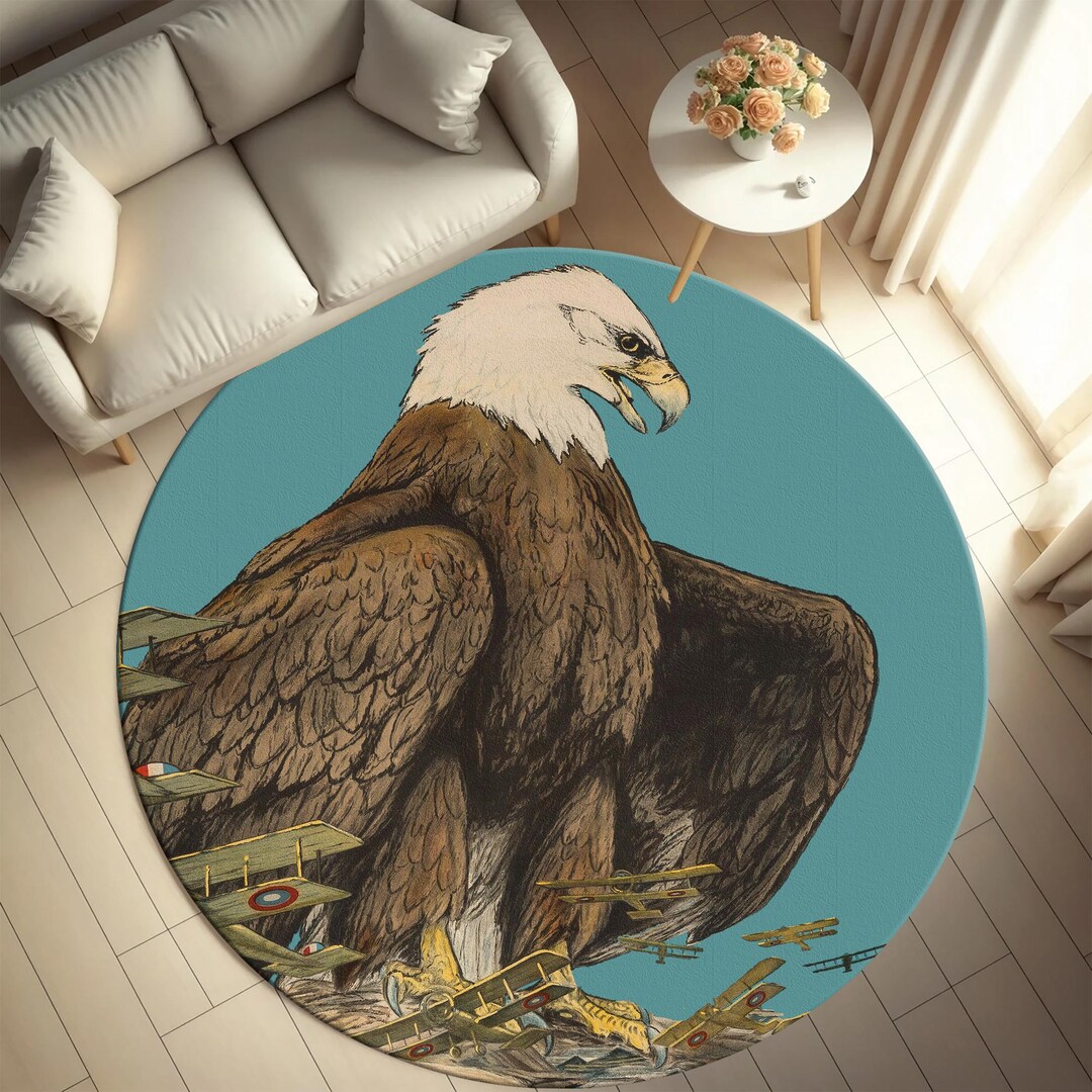 Majestic Eagle Round Rug: Vintage Airplane Art, Soft Bamboo Blend - Etsy