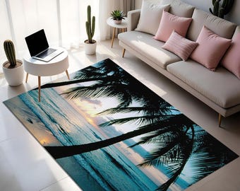 Tropical Sunset Beach Rug: Coastal Palm Tree Decor