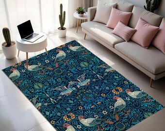 Alfombra de pájaros de William Morris: estilo botánico azul Arts & Crafts