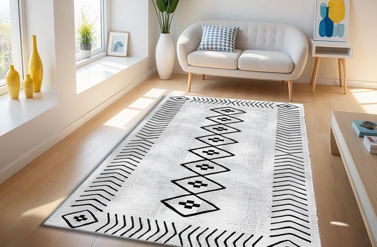 ボヘミアンスタイル ラグ 白黒 幾何学模様 ボヘミアンスタイル ラグ 白黒 幾何学模様 カラフルな幾何学模様のラグ