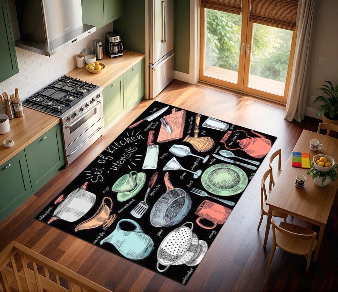 Insert Plate Rugs Kitchen Themed Floor Rug: Plate, Fork, Spoon, Cup Design - Etsy