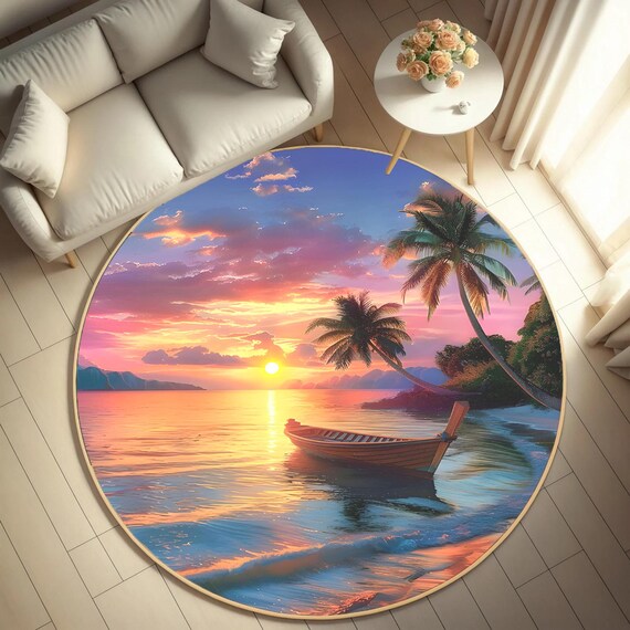 トロピカルサンセットビーチラウンドラグ：鮮やかな海の景色、柔らかな