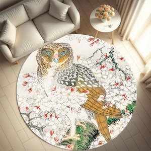 Japanese Owl and Cherry Blossom Round Carpet - Digital Print Area Rug, Round Carpet with Elegant Nature Art Decor