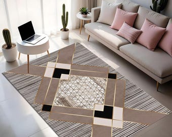 Coffee Brown Geometric Rug: Modern Minimalist Living Room Decor