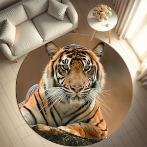 Round Carpet with tiger print, Round Tiger Carpet - Majestic Big Cat Digital Print Area Rug for Wild Decor Lovers, Tiger Printed Area Rug