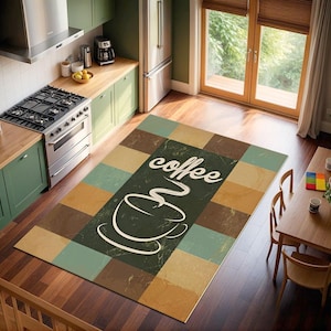 Coffee-themed Kitchen Rug –Vintage Digital Print Area Rug for Coffee Lovers –Comfortable and Practical Modern Rug for Coffee Corners at Home