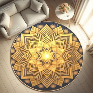 Elegant Gold Mandala Digital Print Rug – Spiritual Boho Floor Art for Living Room, Meditation Space rug, or Sacred Decor rug.