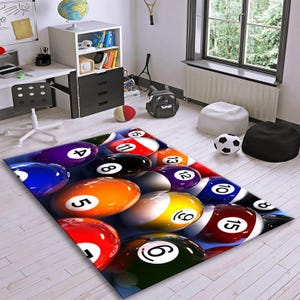 Billiards Rug Decorative Floor Carpet with Flaming Balls Design, Game Room Decor, Player Gift for Him, Game Zone Area Rug