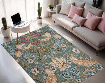 Strawberry Thief Rug: William Morris Style Bird & Flower Carpet