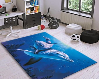 Dolphin Ocean Bamboo Rug: Sea Life Nursery Décor