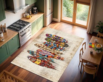 Boho Feather Rug: Colorful Southwest Kitchen & Dining Room Print