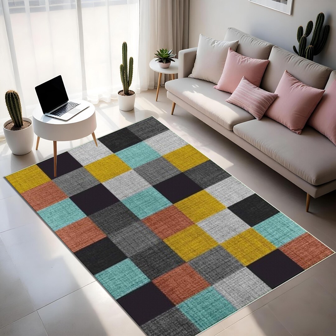 Generic Rug Designs Modern Geometric Rug: Colorful Blocked Design, Soft Bamboo Blend - Etsy