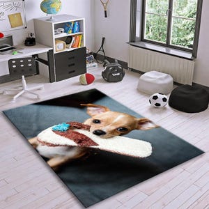 Washable Bamboo Rug with Cute Chihuahua Dog Biting Shoe Design, Non-Slip Decorative Kids Room Gift Rug