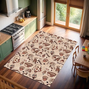 Alfombra de cocina con estampado de café y postres: Espresso, dulces y batidos