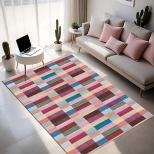 Colorful Geometric Block Pattern Rug – Digital Print, Modern Living Room Rug, Soft Contemporary Home Rug, Modern Patterned Rug