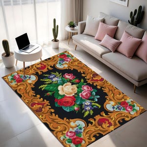 Baroque Floral Digital Carpet - Lavish Rose Bouquet and Gold Frame Print Carpet - Victorian Style Area Rug - Authentic carpet , ethnic rug