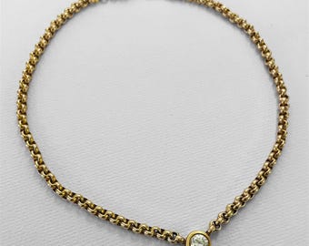 Vintage UnoAErre 14K Gold Rolo Link Choker Necklace 16.84g with Solitaire Bezel Element-Italy