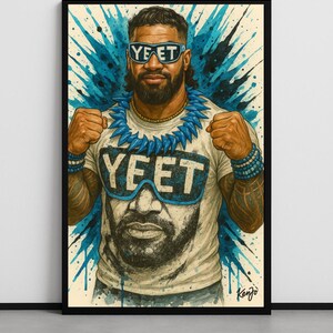 Toile Champion de la WWE de Jey Uso | Impression murale d&#39;art de fan de catch | YEET bleu Splash pose | Décoration murale en toile par Kenjo