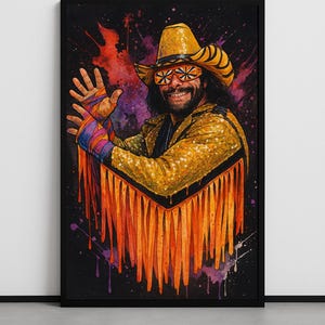 Macho Man Randy Savage Canvas | WWE Fan Art Print | Yellow Fringe Jacket & Neon Glasses Pose | Canvas Wall Art by Kenjo