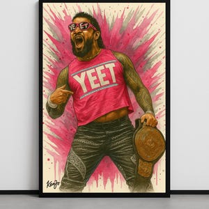Jimmy Uso WWE Champion Canvas | Wrestling Fan Art Wall Print | YEET Pink Pose | Kenjo Signed Print