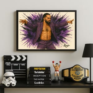 Seth Rollins Wrestling Poster | WWE Fan Art Print | Purple Checkered Suit Entrance Pose | Glossy Wall Art by Kenjo