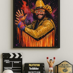 Macho Man Randy Savage Wrestling Poster | WWE Fan Print | Yellow Fringe Jacket & Neon Glasses Pose | Glossy Art by Kenjo