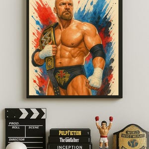 Triple H Wrestling Poster | WWE Fan Art Print | Championship Game Pose | Glossy Wall Art by Kenjo