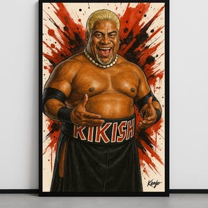 Rikishi Wrestling Poster | WWE Fan Art Print | Classic Smiling Pose with Red Paint | Bloodline Art | Glossy Wall Art by Kenjo