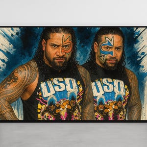 Toile de lutte Jey & Jimmy Uso | Impression d&#39;art fan de la WWE | Peinture faciale rétro Energy Duo | Décoration murale en toile par Kenjo