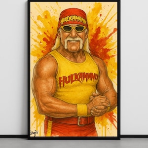 Vintage Hulk Hogan Wrestling Poster | WWE Fan Art Print | Classic Hulkamania in Red & Yellow | Glossy Wall Art by Kenjo