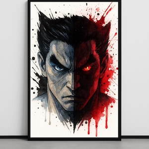 Kazuya Tekken Poster | Tekken Fan Art Print | Devil Split Face Watercolor Scene | Glossy Wall Art by Kenjo