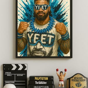 Jey Uso WWE Poster | Wrestling Fan Art Wall Print | YEET Blue Splash Pose| Glossy Wall Art by Kenjo