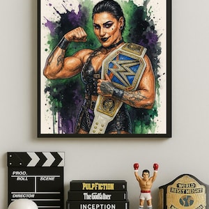 Rhea Ripley WWE Champion Poster | Wrestling Fan Art Wand Druck | Glanz-Meisterschaft Gürtel Pose | Kenjo Print signiert