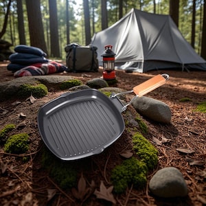 Folding Camping Grill Pan: Non-Stick, Lightweight Wood Handle