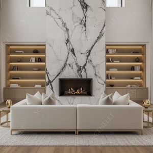 May include: A contemporary living room featuring a marble fireplace, built-in bookshelves, and two white sofas. The room has large windows and a neutral colour palette, creating a spacious and elegant atmosphere.
