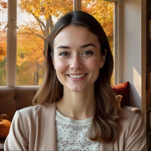 May include: A woman smiles in a cozy setting with a window overlooking autumn foliage. A sofa with pillows and a pumpkin sits near the window. A bookshelf filled with books is visible.