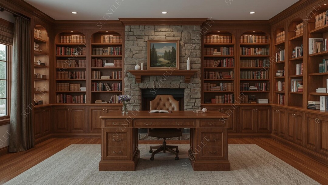 Cozy Cabin Study Virtual Background, Professional Library (digital ...