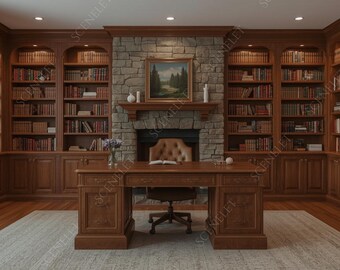 Cozy Cabin Study Virtual Background, Professional Library (Digital Download)