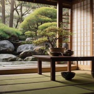 Puede incluir: Una serena habitación de estilo japonés con vistas a un exuberante jardín. Una mesa baja de madera oscura sostiene un bonsái y varios cuencos de cerámica. La habitación cuenta con esteras de tatami, puertas correderas de papel y un gran jarrón negro.
