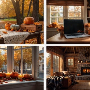 May include: A collection of autumnal scenes featuring pumpkins, candles, and fall foliage. One image shows pumpkins on a table outdoors, another has a laptop and pumpkins on a desk, and others depict cozy interior settings with pumpkins and fireplaces.