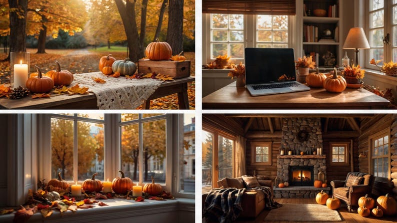 May include: A collection of autumnal scenes featuring pumpkins, candles, and fall foliage. One image shows pumpkins on a table outdoors, another has a laptop and pumpkins on a desk, and others depict cozy interior settings with pumpkins and fireplaces.