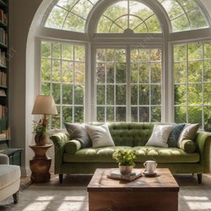 Op de afbeelding: Een gezellige woonkamer met een groene bank, een witte fauteuil en een houten salontafel. Boekenkasten bekleden de muren en een groot boogvenster biedt uitzicht op de buitenwereld. Een lamp en decoratieve items dragen bij aan de uitnodigende sfeer.