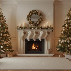 May include: A festive living room scene with two decorated Christmas trees, a fireplace with stockings, and a wreath. The trees are adorned with ornaments and lights, creating a warm, inviting holiday atmosphere. Gifts are placed under the trees.