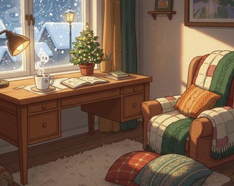 Animated Cozy Winter Holiday Room Background Christmas Cabin Study Scene for Twitch, Vtubers, Streaming, Zoom & Video Calls Work From Home