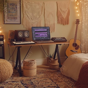 May include: A cozy room setup with a desk featuring a laptop displaying music production software, a keyboard, and a small synthesizer. A guitar leans against the bed, and a woven ottoman sits on the patterned rug. Warm lighting and decorative elements create a bohemian atmosphere.