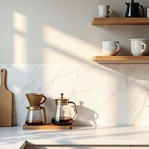 May include: A kitchen scene featuring two wooden shelves holding white ceramic mugs and a black teapot. On the marble countertop, a wooden cutting board, a glass coffee dripper, a glass carafe, and a small potted green plant are arranged.