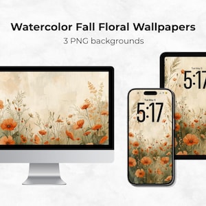 May include: A digital art display featuring watercolor floral wallpapers. The image shows a desktop computer, a smartphone, and a tablet, each displaying a floral design with orange poppies and green foliage. The text "Watercolor Fall Floral Wallpapers" and "3 PNG backgrounds" is visible.