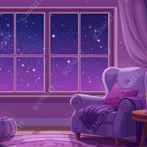 May include: A cozy, purple-themed room with a starry night view through a window. A stack of books, a comfortable armchair, and lit candles on a small table create a relaxing atmosphere. The room is decorated with purple curtains and a rug.
