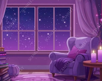Galaxy VTuber Animated Background Purple Mystical Library Room Cozy Anime Twitch Background Stream Overlay OBS Discord Seamless Loop JPG