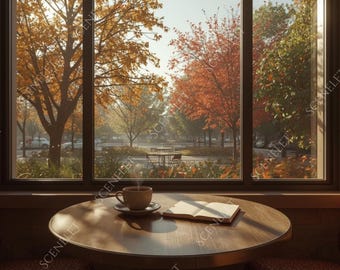 Cozy Autumn Cafe Virtual Background | Fall Window for Zoom (JPG)